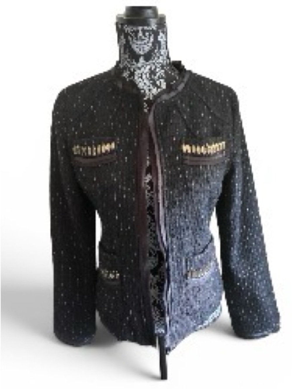 Ariella Black Tweed Jacket with Gold Chain Pocket Trim